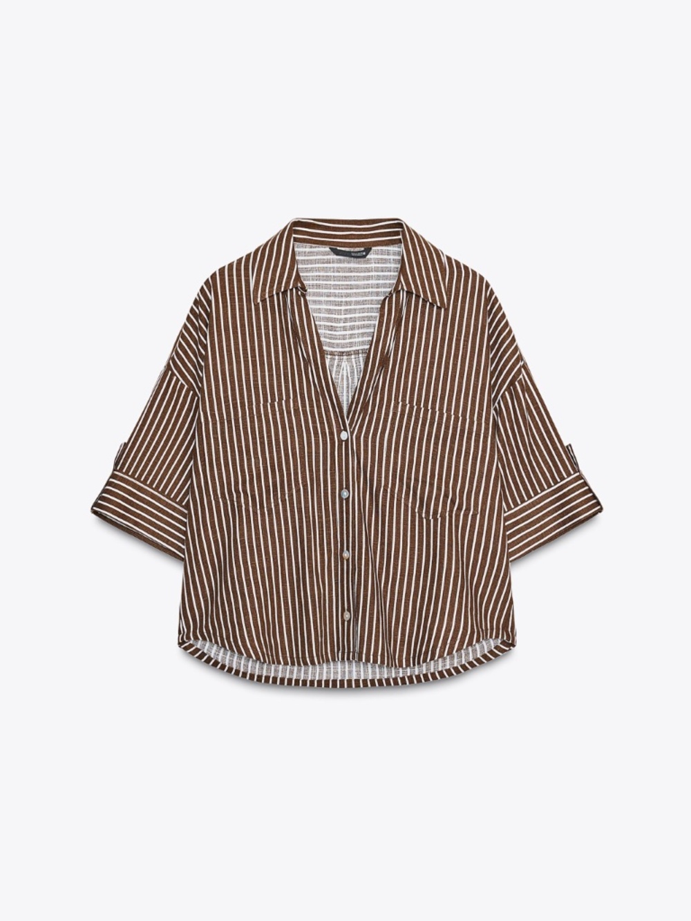 ZARA Linen Blend Cropped Shirt - Brown - Small